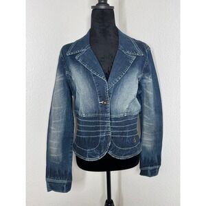 y2k Baby Phat Women's Denim Jacket Blue Fitted Stitched Jean Blazer Size XL